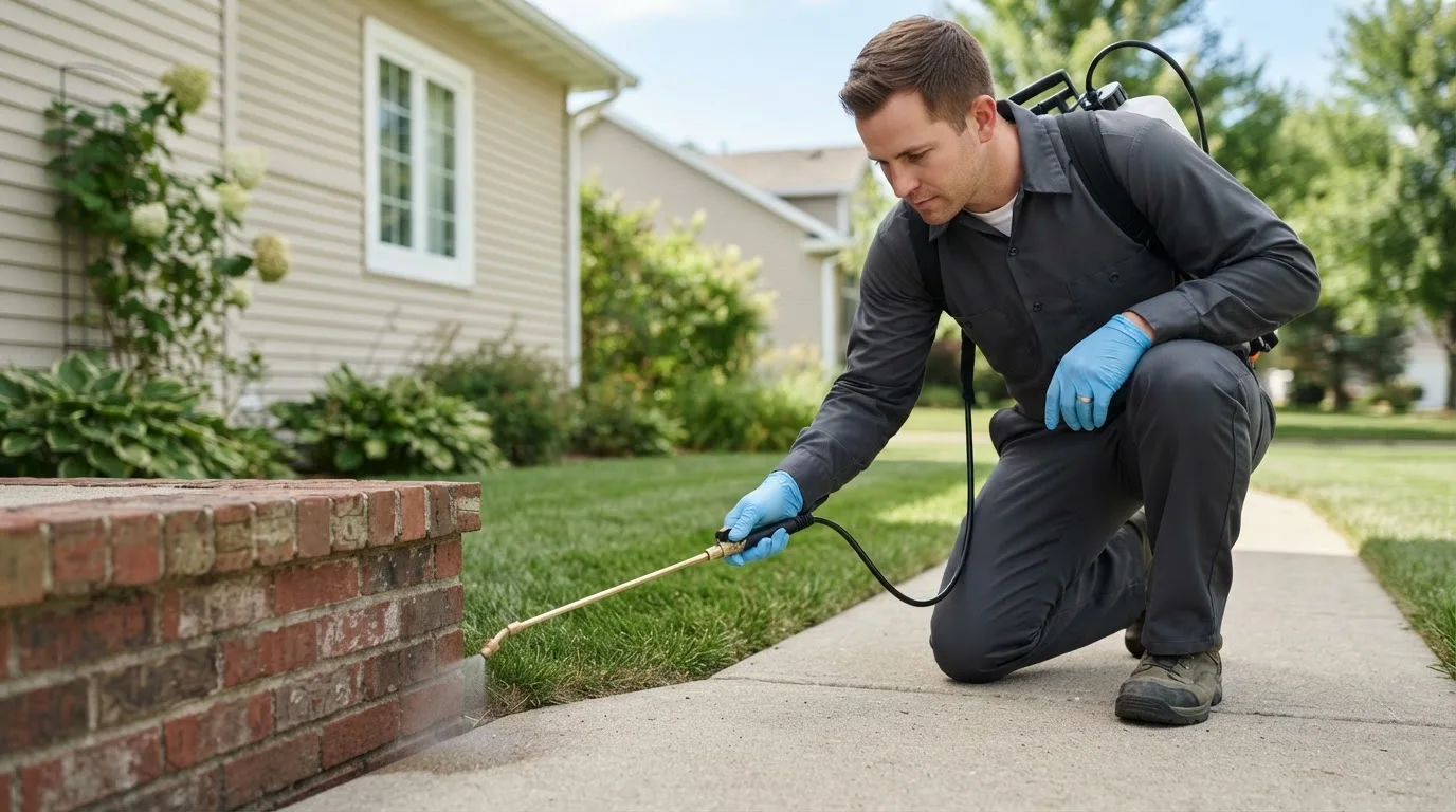Pest control technician treating a home near Merrick, NY
